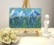 Original impasto style mini oil painting Mountain landscape view meadow flowers