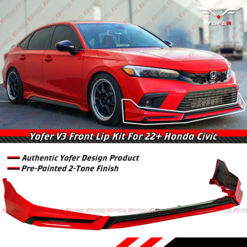 For 2022-24 Honda Civic Yofer V3 Black Rallye Red Front Bumper Lip Splitter Kit - Picture 2 of 11