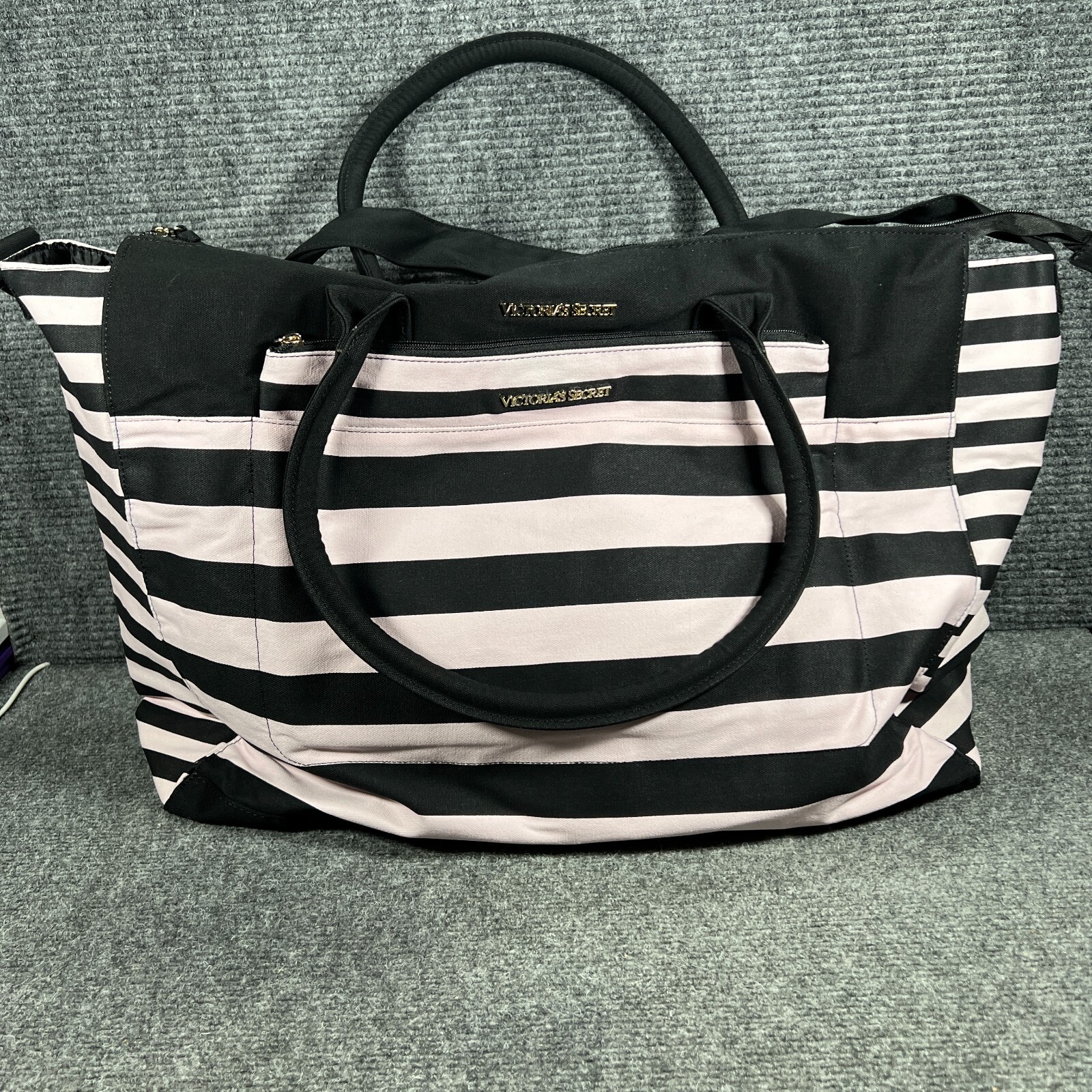 Victoria Secret Black Pink Striped Duffle Travel Beach Bag New