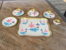 9pc OHIO ART Tin Toy Dish Set Plates Cups Sugar Tray OAK MAPLE LEAVES LEAF NICE