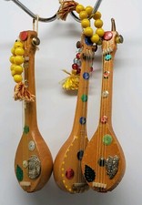 Vtg Folk Art Handmade Spanish Guitar Christmas Ornament Set Lot of 3 Music Decor
