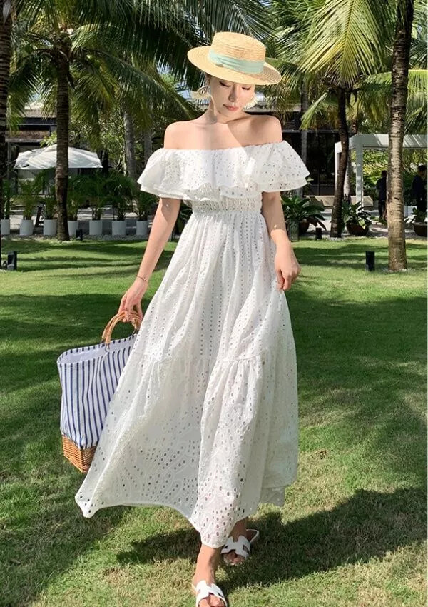 Vestido Largo Elegante De Raso Boho Chic Blanco Con Encaje 08312