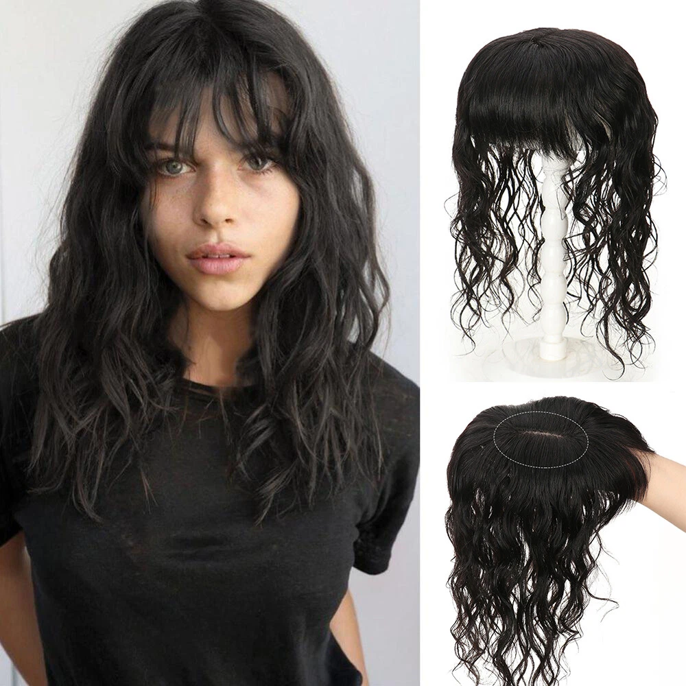 Human Hair Topper With Bangs Middle Part Clip In Hair Piece Machine Made Weft