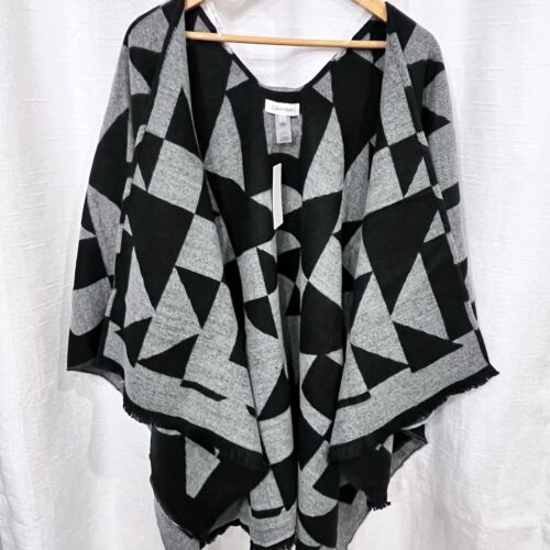 NWT Calvin Klein Cape Poncho Shawl Women's One Size Black Gray Colorblock - Picture 3 of 12