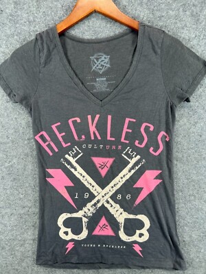 Young & Reckless Culture 1986 Womens T Shirt Size Small Gray V Neck Short Sleeve