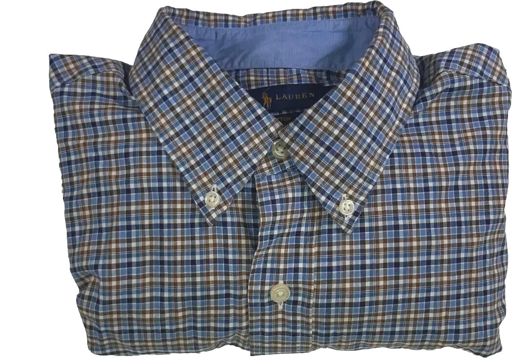 Polo Ralph Lauren Shirt Button Front Plaid Blue/brown Long Sleeve Mens Medium