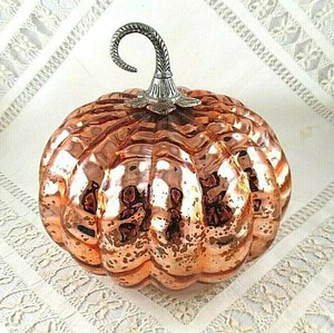 9"~ORANGE MERCURY GLASS~Pumpkin~HALLOWEEN/ THANKSGIVING~Ornate Metal