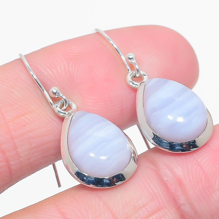 Natural Blue Lace Agate 925 Sterling Silver Earrings 1.25 Inch