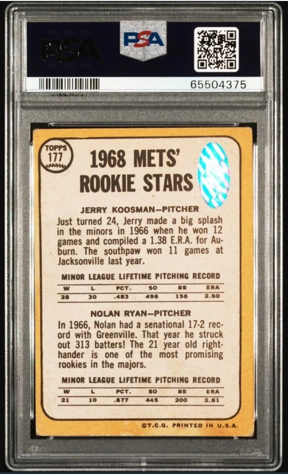 1968 Topps Nolan Ryan Signed Rookie Baseball Card PSA/DNA 10 Auto Certified HOF - Image 2 of 4