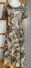 90s Layered Floral Beaded Dress Sz M Cowl Neck Beige Green Chiffon Peasant Boho