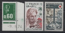 FRANCE 1974 : N° 1814/1824/1803 BÉQUET TYPO/SCHWEITZER/CR L'HIVER - NEUF** LUXE