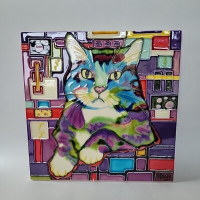 Glossy Cat Close Up Tile Ceramic Decorative Raised Textured Fold Out Stand 8x8''