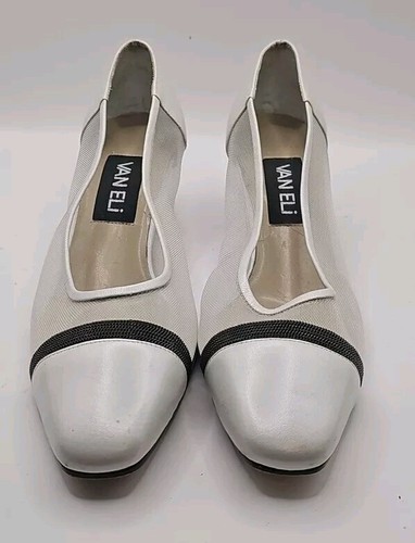 VAN ELi  White Block Heel Pumps Sz 6 Mesh & Leather Cottage Grandma Clean! #107 - Picture 2 of 8