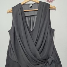 H&M Size 14-16 Black Sleeveless Chiffon Blouse Top Pleated Wrap Style Tie Front