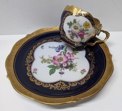 Lindner Porcelain Echt Cobalt Blue & Gold 422 Floral Roses Salad Plate & Cup