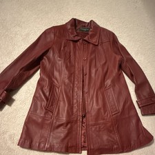 Centigrade Red Leather Mid-Length Collared Jacket with Pockets, Size 14