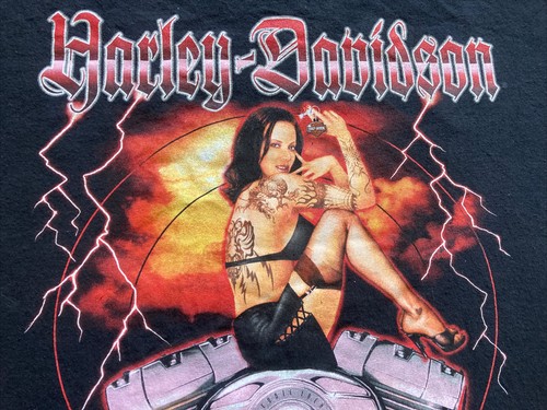 Harley Davidson T Shirt 2XL Retro Pinup Girl Biker Babe Lightning Engine ND - Picture 3 of 11