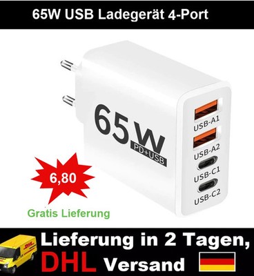65W USB-C Ladegerät 4 Ports Schnellladegerät für iPhone & Samsung zguztu