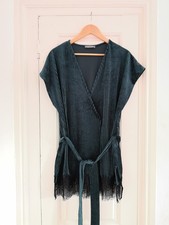 New look green velvet tunic dress lace trim wrap size medium UK 10