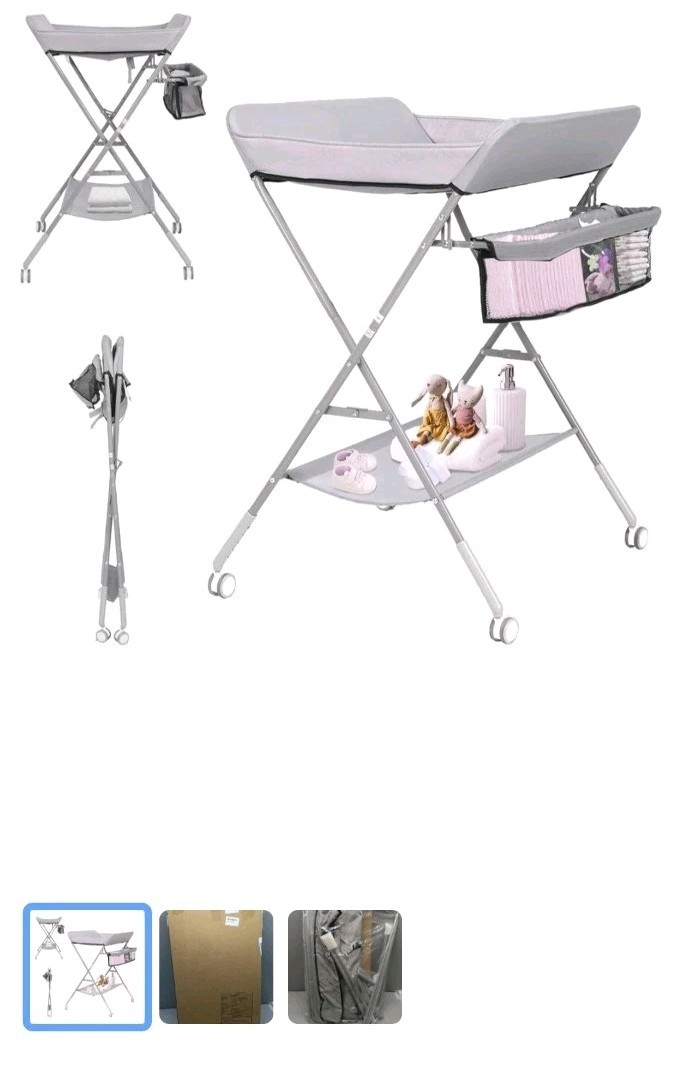 GIGYES Gray Foldable Baby Changing Table with Wheels and Storage Shelf New