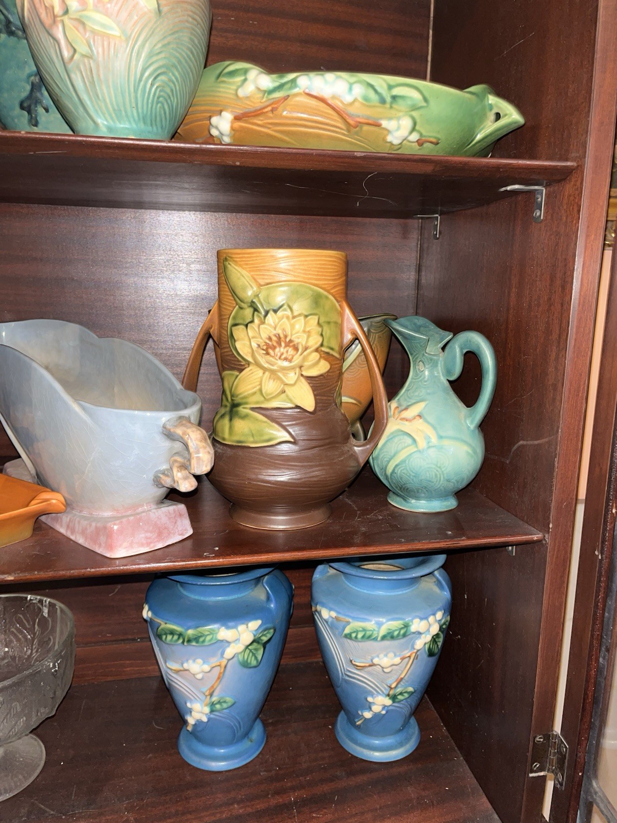 Roseville USA Pottery Vase Brown/Green/Yellow Water Lily Floral Decor 8”