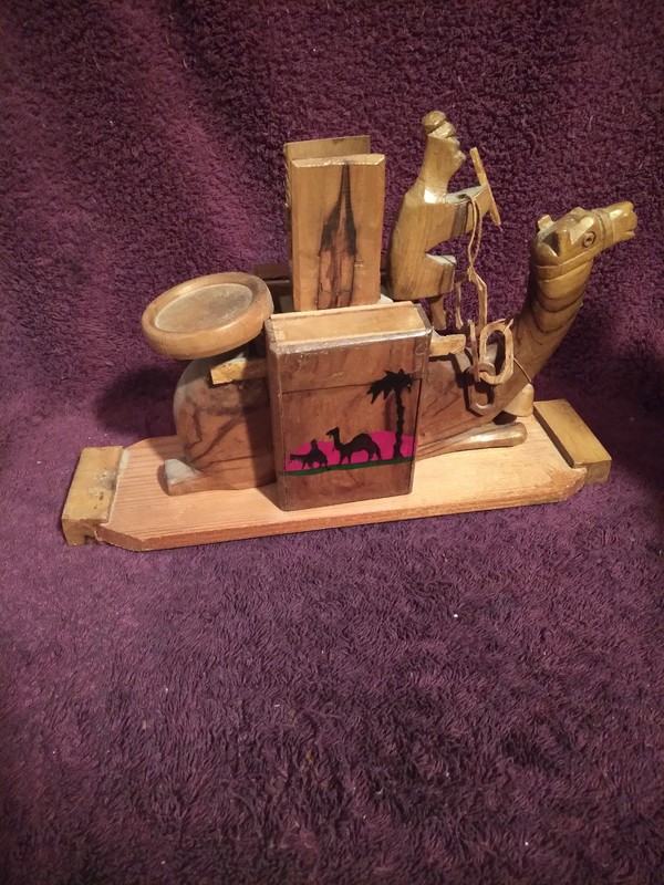 VINTAGE WOODEN CAMEL & DRIVER CIGARETTE DISPENSER AND MATCHBOX HOLDER