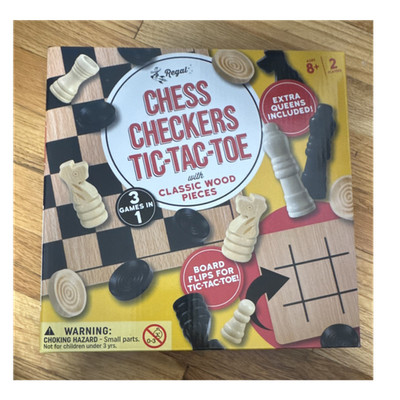 Regal Games Chess Checkers Tic-Tac-Toe 3-in-1 Board Classic Wood Extra Queens