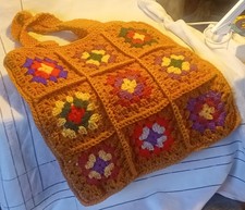 Hand Crochet Granny Square Bag Brown Other Colours Lined Unused Very Good