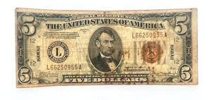 1934 $5 United States Hawaii Overprint WWII Emergency Issue Federal Reserve Note