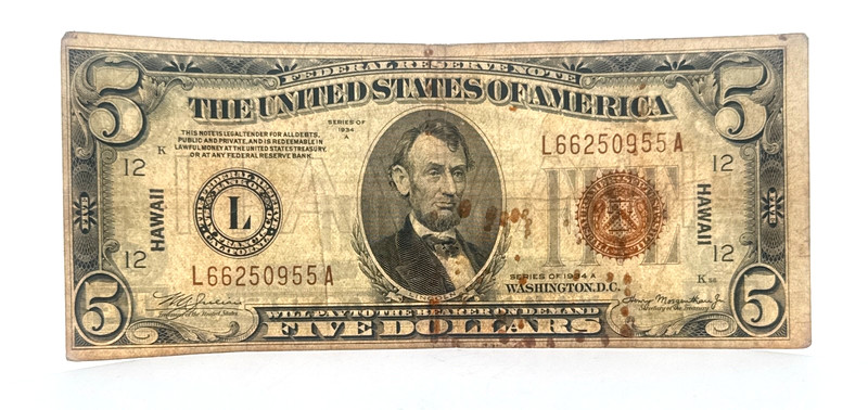 1934 $5 United States Hawaii Overprint WWII Emergency Issue Federal Reserve Note