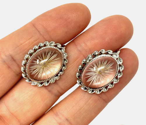 AMCO Sterling Silver Reverse Carved Starburst Screwback Crystal Earrings - Picture 2 of 6