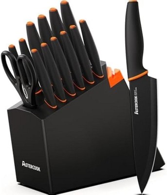 Knife Set, 15-Piece Kitchen Knife Set with Block Wooden German Stainless Steel