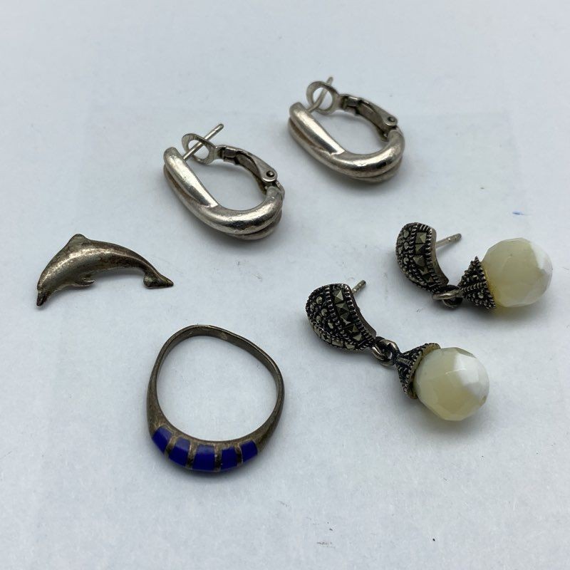 Sterling Silver 925 Jewelry Lot 4 Pcs Ring Size 5 Marcasite Earrings Dolphin 13g