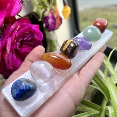 7 Chakra Steine & Selenit Stab Kristall Set Heil Edelstein Kristalle 