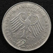 West Germany 2 Mark 1980J, Coin, Inv#F578