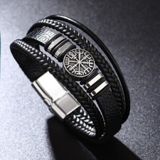 Men's Leather Punk Compass Charm Fashion 8.5in Bracelet Gift for Men Boyfriend