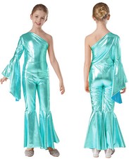 Kids Girls Romper Wide Leg Dance Jumpsuit Full Body Bodysuit One Shoulder Shiny