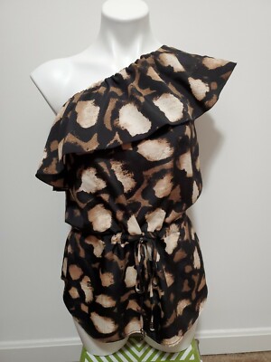 NY&C Brown Leopard Print One Shoulder Ruffled Sleeveless Peplum Top Size XS