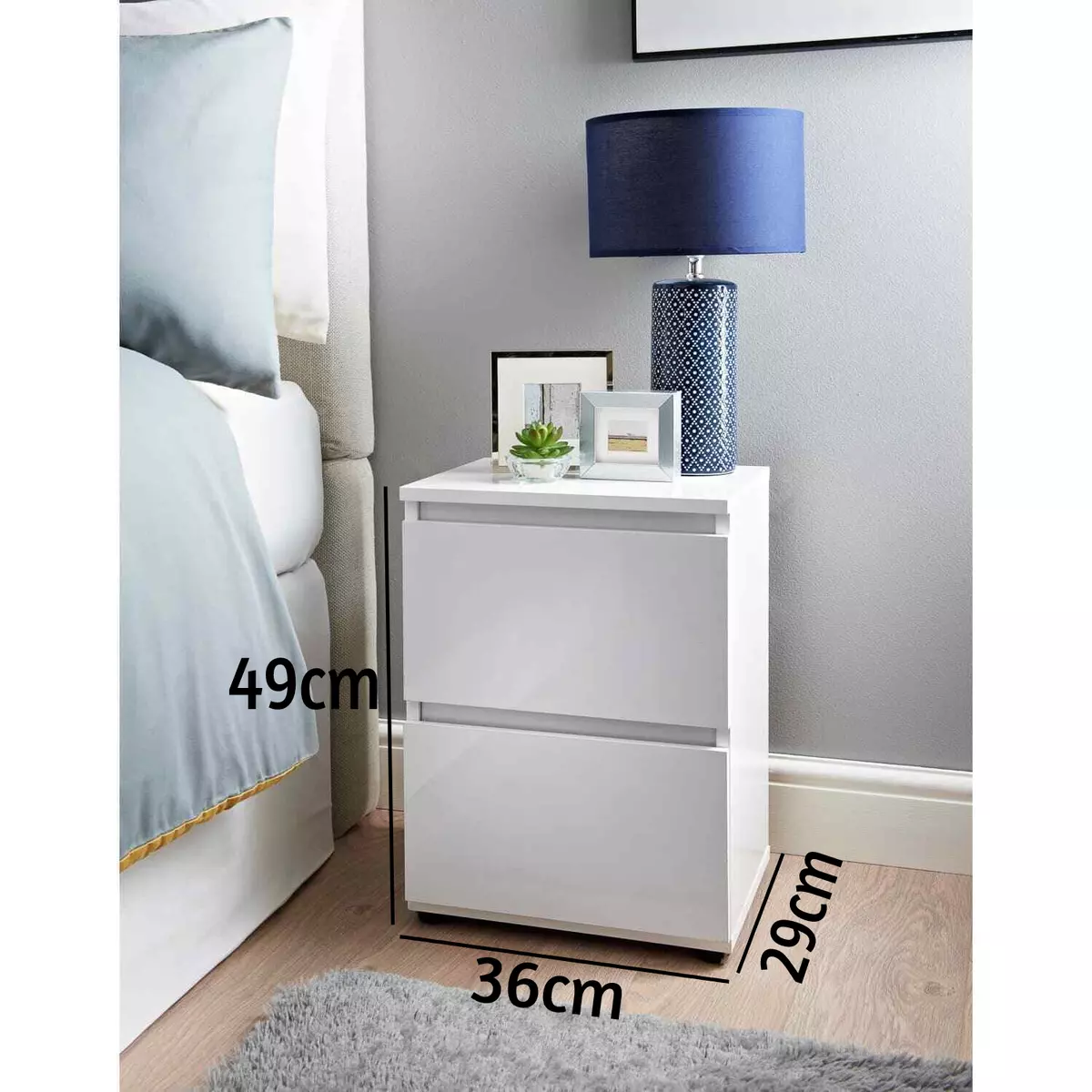 White High Gloss 2 Drawer Bedside Table Lamp Nightstand White Bedroom