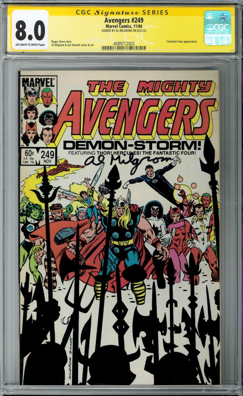 Avengers #249 CGC SS 8.0 (Nov 1984, Marvel) Signed Al Milgrom, Fantastic Four