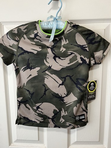 Jungen kurzärmliges grünes Tarnmuster sportliches Arbeitsshirt XS 4-5 neu mit Etikett