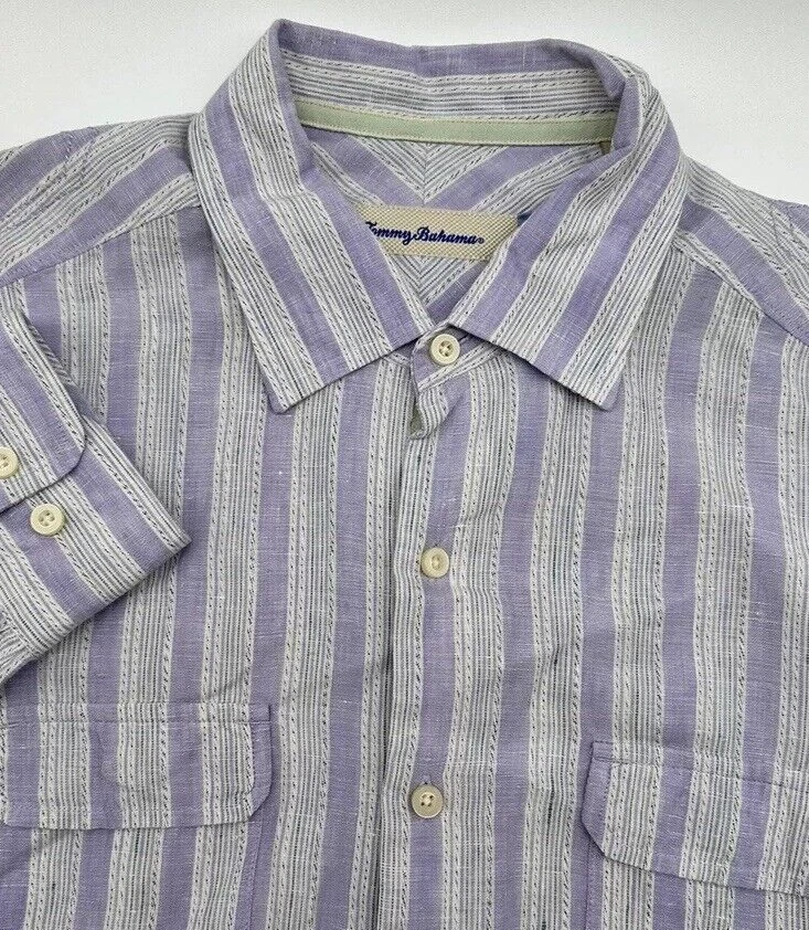 Tommy Bahama Linen Shirt Mens Medium Long Sleeve Button Up Purple Pockets