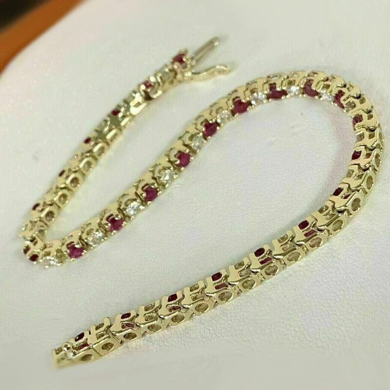 9Ct Round Cut Red Ruby & Diamond Women's Tennis Bracelet 14K Yellow Gold Over 7" - Image 3 of 4