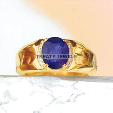 Blue Sapphire Oval Cut With 925 Sterling Silver Gold Plated Ring For Men #A262 *