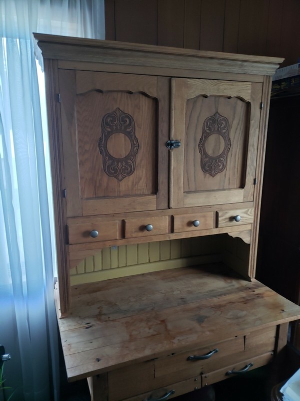 Vintage Country 2-pc Hand Carved Stepback Cupboard Cabinet
