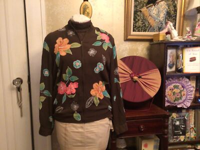 Alfred Dunner Embroidered Zipper Front Semi-Sheer Brown Floral Top Jacket SZ 8
