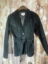 Helium Rough Black Leather Jacket Collared Belted 2 Button Coat, Sz Med