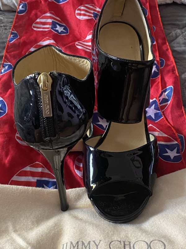 Jimmy Choo Black Patent Leather Open Toe Stiletto Pumps Zip EU 39 US 8