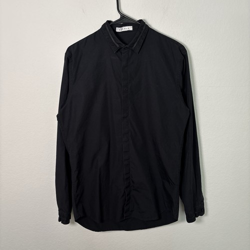 Sandro, Sandro Paris Mens Medium Long Sleeve Button-Down Shirt Black Leather Trim Lux