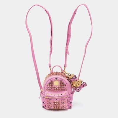 MCM Stark Mini Pink Visetos Coated Canvas And Leather Studded Embellished